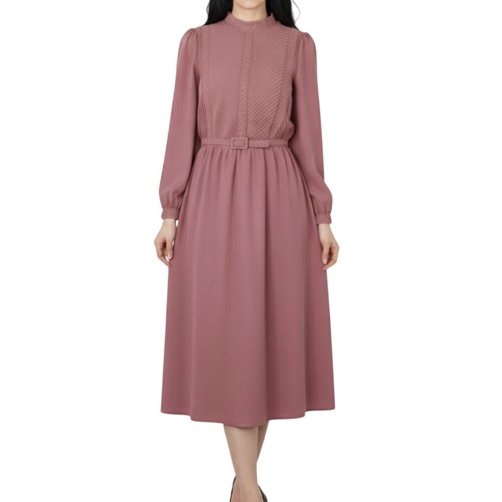 1960s Vintage Jennifer Gee Pink High Neck Lace Dress Long Sleeve Midi Medium
